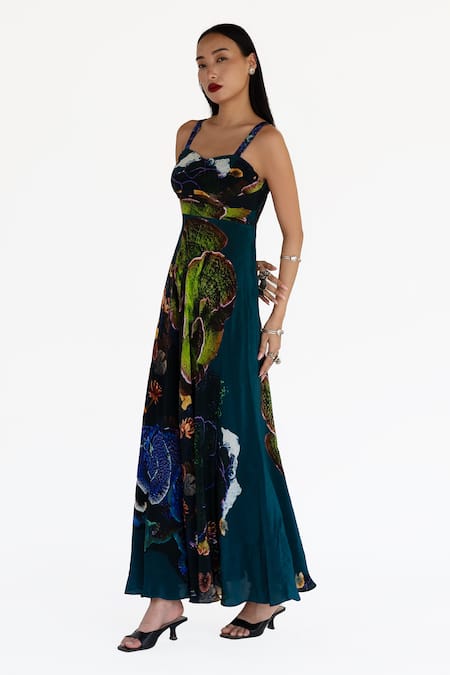 Buy_Amka_Blue Silk Embroidery Square Neck Midnight Designer Dress _Online_at_Aza_Fashions