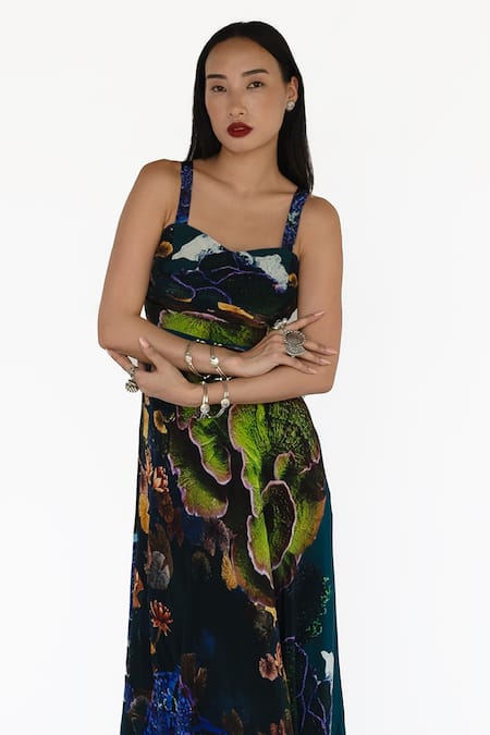 Shop_Amka_Blue Silk Embroidery Square Neck Midnight Designer Dress _Online_at_Aza_Fashions