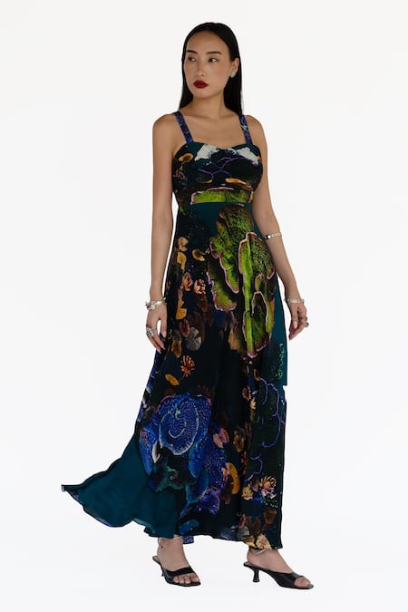 Amka_Blue Silk Embroidery Square Neck Midnight Designer Dress _at_Aza_Fashions