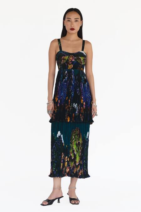 Shop_Amka_Blue Silk Embroidery Lily Natural Dress _Online_at_Aza_Fashions