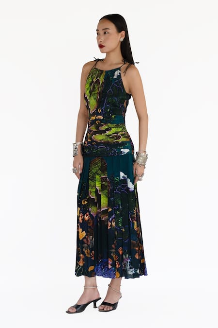 Amka_Blue Silk Scoop Neck Designer Naga Dress _Online_at_Aza_Fashions