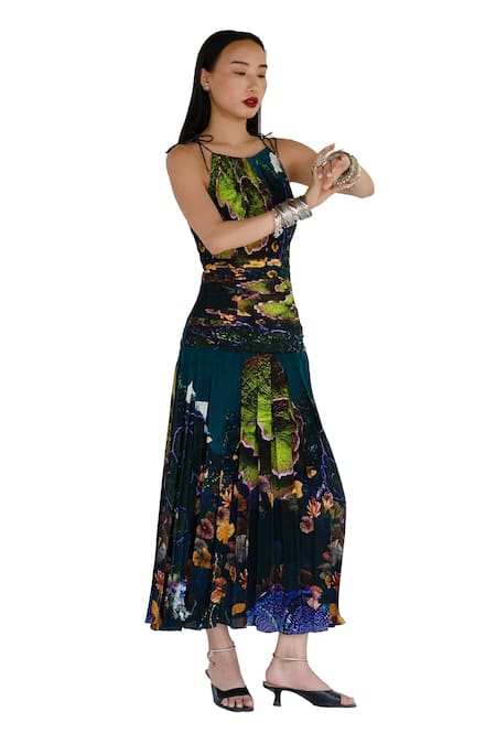 Buy_Amka_Blue Silk Scoop Neck Designer Naga Dress _Online_at_Aza_Fashions