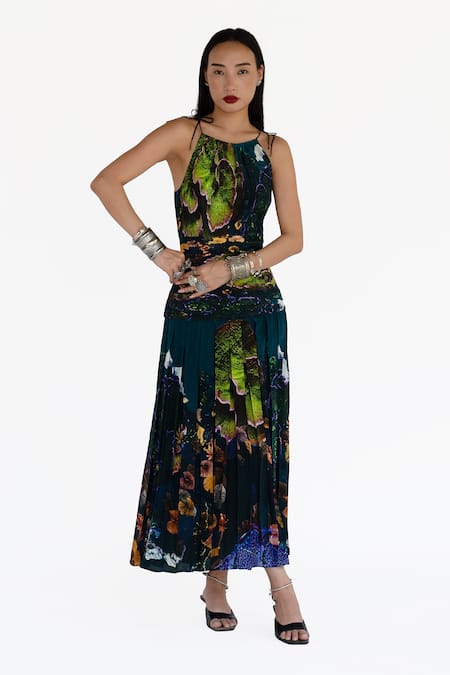 Amka Blue Silk Scoop Neck Designer Naga Dress