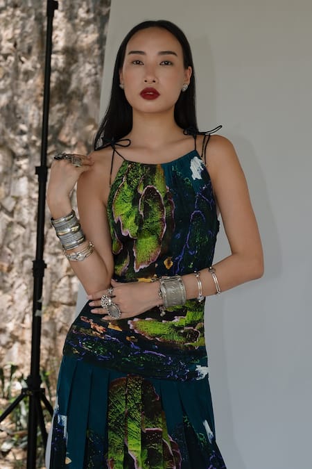 Amka_Blue Silk Scoop Neck Designer Naga Dress _at_Aza_Fashions