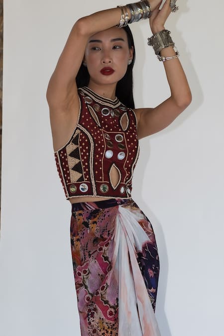 Amka_Pink Silk Mirrors, Beads Round Neck Embroidered Merlot Top And Skirt Set _Online_at_Aza_Fashions