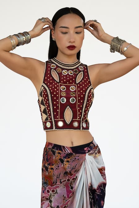 Amka_Pink Silk Mirrors, Beads Round Neck Embroidered Merlot Top And Skirt Set _at_Aza_Fashions