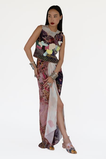 Amka Rose Gold Silk Beads, Sequins Round Neck Designer Pink Top And Skirt Set