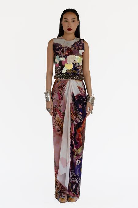 Amka Rose Gold Silk Beads, Sequins Round Neck Designer Pink Top And Skirt Set Online at Aza Fashions Amka_Rose Gold Silk Beads, Sequins Round Neck Designer Pink Top And Skirt Set _Online_at_Aza_Fashions