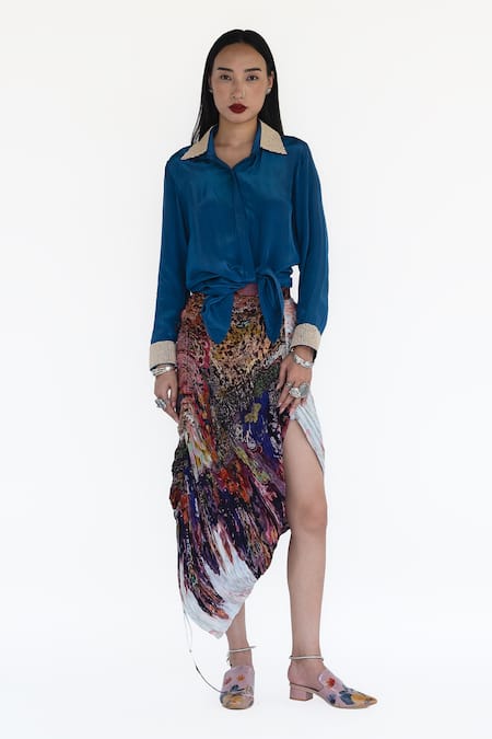 Amka Blue Silk Embroidery Collared Sea Shirt And Rose Pink Skirt Set