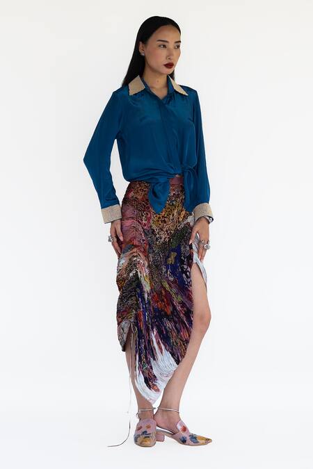Buy_Amka_Blue Silk Embroidery Collared Sea Shirt And Rose Pink Skirt Set _Online_at_Aza_Fashions