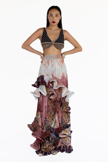 Amka Pink Silk Embroidery, Ruffles Plunge Neck Artichoke Printed Blouse And Skirt Set Online at Aza Fashions Amka_Pink Silk Embroidery, Ruffles Plunge Neck Artichoke Printed Blouse And Skirt Set _Online_at_Aza_Fashions