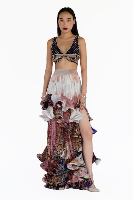 Buy Amka Pink Silk Embroidery, Ruffles Plunge Neck Artichoke Printed Blouse And Skirt Set Online at Aza Fashions Buy_Amka_Pink Silk Embroidery, Ruffles Plunge Neck Artichoke Printed Blouse And Skirt Set _Online_at_Aza_Fashions