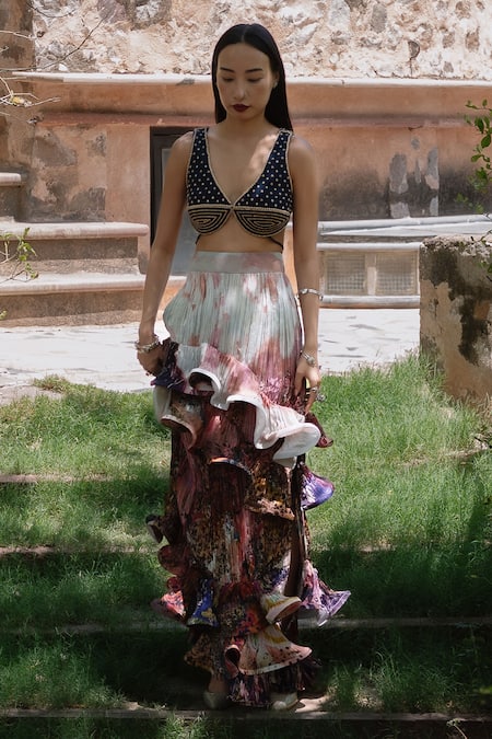 Amka Pink Silk Embroidery, Ruffles Plunge Neck Artichoke Printed Blouse And Skirt Set at Aza Fashions Amka_Pink Silk Embroidery, Ruffles Plunge Neck Artichoke Printed Blouse And Skirt Set _at_Aza_Fashions