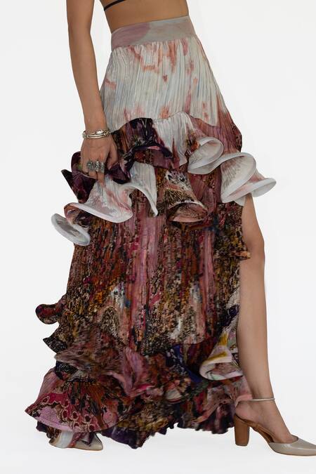 Buy Amka Pink Silk Embroidery, Ruffles Plunge Neck Artichoke Printed Blouse And Skirt Set Buy_Amka_Pink Silk Embroidery, Ruffles Plunge Neck Artichoke Printed Blouse And Skirt Set