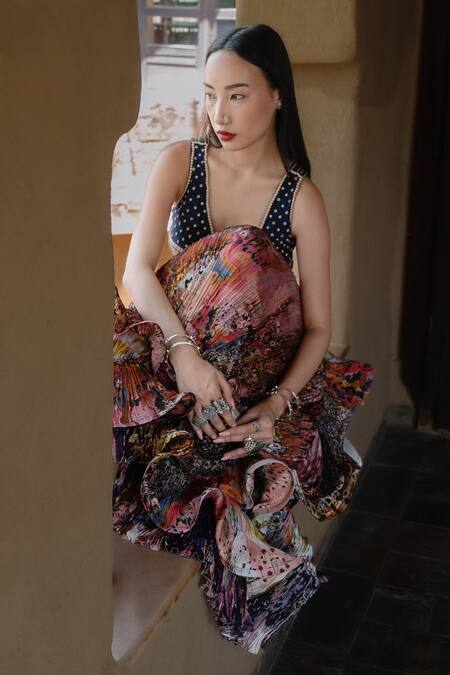 Shop Amka Pink Silk Embroidery, Ruffles Plunge Neck Artichoke Printed Blouse And Skirt Set Shop_Amka_Pink Silk Embroidery, Ruffles Plunge Neck Artichoke Printed Blouse And Skirt Set