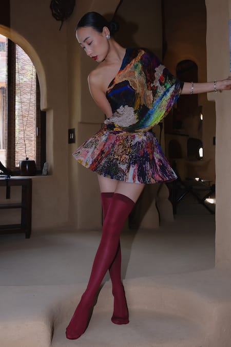 Amka_Multi Color Silk Asymmetric Mosaic Natural Top And Skirt Set _at_Aza_Fashions