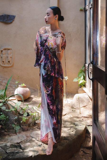 Buy_Amka_Pink Silk Open Neck Designer Rose Top And Skirt Set _Online_at_Aza_Fashions