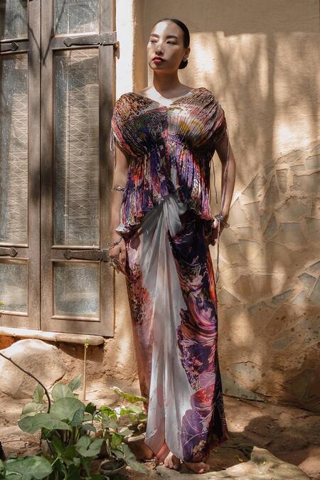 Shop_Amka_Pink Silk Open Neck Designer Rose Top And Skirt Set _Online_at_Aza_Fashions