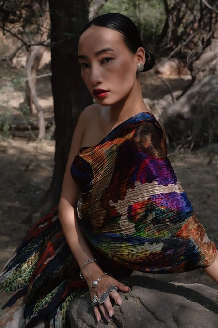 Amka_Multi Color Silk Embroidery One Shoulder Mosaic Natural Top And Skirt Set _Online_at_Aza_Fashions