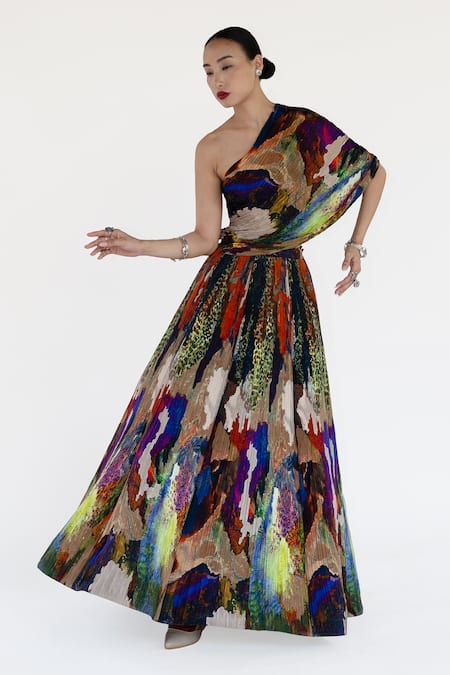 Buy_Amka_Multi Color Silk Embroidery One Shoulder Mosaic Natural Top And Skirt Set _Online_at_Aza_Fashions