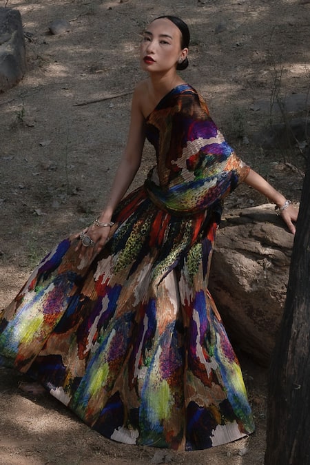 Shop_Amka_Multi Color Silk Embroidery One Shoulder Mosaic Natural Top And Skirt Set _Online_at_Aza_Fashions