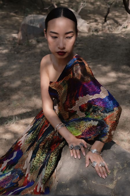 Amka_Multi Color Silk Embroidery One Shoulder Mosaic Natural Top And Skirt Set _at_Aza_Fashions