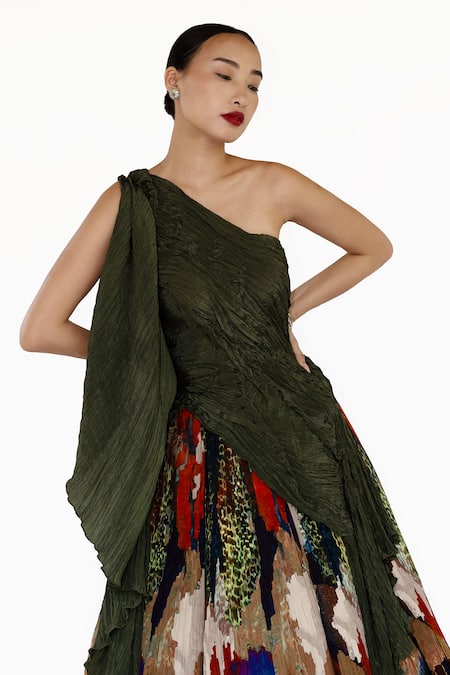 Amka_Green Silk Embroidery Asymmetric Mosaic Print Designer Top And Skirt Set _Online_at_Aza_Fashions