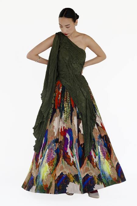 Buy_Amka_Green Silk Embroidery Asymmetric Mosaic Print Designer Top And Skirt Set _Online_at_Aza_Fashions