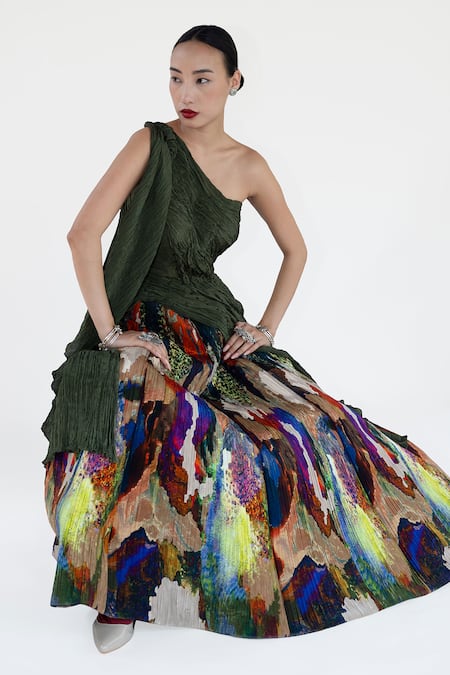 Shop_Amka_Green Silk Embroidery Asymmetric Mosaic Print Designer Top And Skirt Set _Online_at_Aza_Fashions