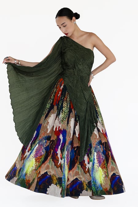 Amka_Green Silk Embroidery Asymmetric Mosaic Print Designer Top And Skirt Set _at_Aza_Fashions