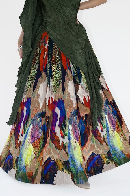 Buy_Amka_Green Silk Embroidery Asymmetric Mosaic Print Designer Top And Skirt Set 