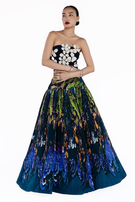 Amka_Blue Silk Bandeau Neck Designer Dokmai Top And Skirt Set _Online_at_Aza_Fashions