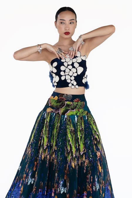 Buy_Amka_Blue Silk Bandeau Neck Designer Dokmai Top And Skirt Set _Online_at_Aza_Fashions