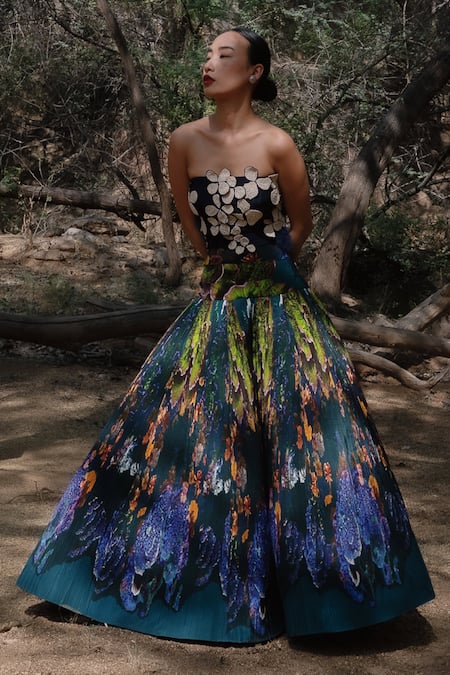 Shop_Amka_Blue Silk Bandeau Neck Designer Dokmai Top And Skirt Set _Online_at_Aza_Fashions