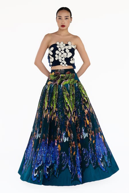 Amka_Blue Silk Bandeau Neck Designer Dokmai Top And Skirt Set _at_Aza_Fashions