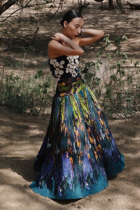 Shop_Amka_Blue Silk Bandeau Neck Designer Dokmai Top And Skirt Set 