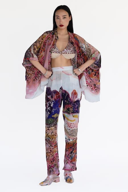 Amka Pink Silk Plunge Neck Rose Designer Blouse Online at Aza Fashions Amka_Pink Silk Plunge Neck Rose Designer Blouse _Online_at_Aza_Fashions