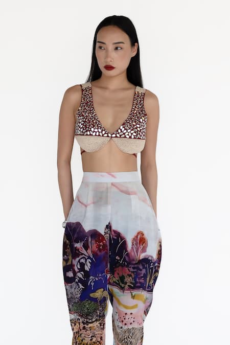 Amka Pink Silk Plunge Neck Rose Designer Blouse