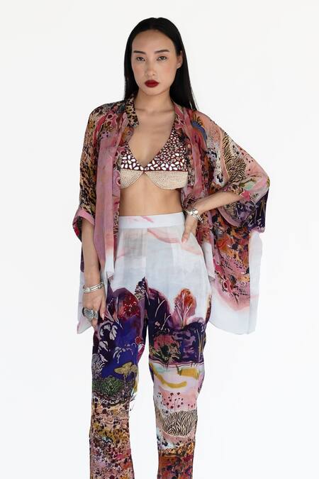 Amka_Pink Silk Rose Designer Pant _Online_at_Aza_Fashions