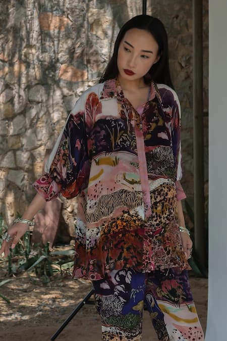 Amka_Pink Silk Open Neck Designer Jordan Rose Shirt _Online_at_Aza_Fashions