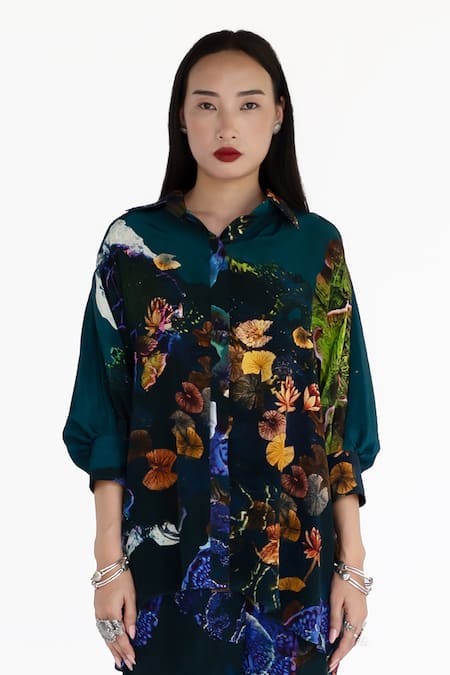 Amka Blue Silk Collared Midnight Designer Shirt