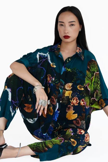 Shop_Amka_Blue Silk Collared Midnight Designer Shirt _Online_at_Aza_Fashions