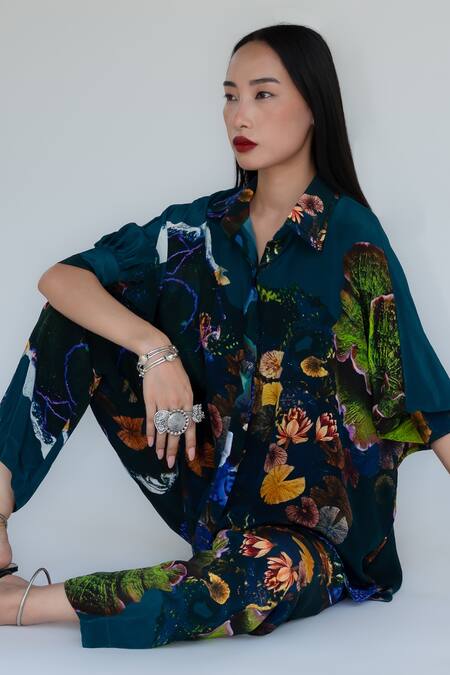 Amka_Blue Silk Collared Midnight Designer Shirt _at_Aza_Fashions