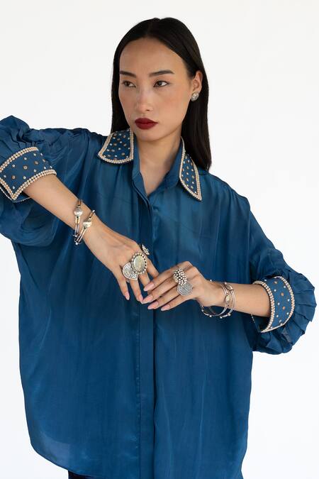 Amka_Blue Silk Collared Midnight Designer Shirt _at_Aza_Fashions