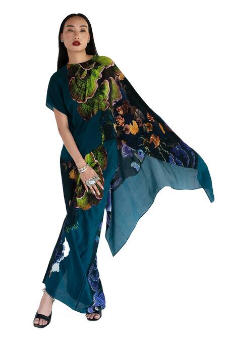 Shop_Amka_Blue Silk Round Neck Floral Print Kaftan Top _Online_at_Aza_Fashions