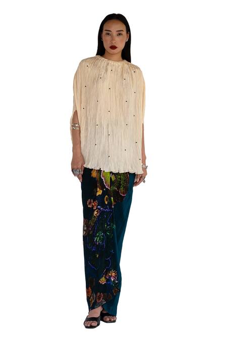 Buy_Amka_Ivory Silk Round Neck Pleated Designer Top _Online_at_Aza_Fashions