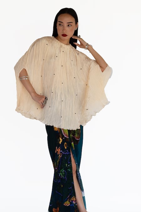 Amka Ivory Silk Round Neck Pleated Designer Top 