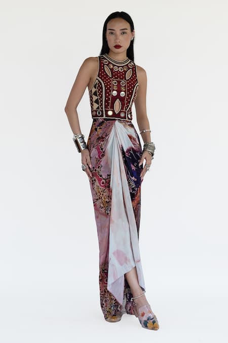 Amka_Pink Silk Beads, Mirrors Round Neck Rose Designer Blouse _Online_at_Aza_Fashions