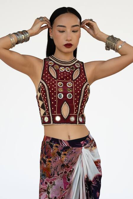 Buy_Amka_Pink Silk Beads, Mirrors Round Neck Rose Designer Blouse _Online_at_Aza_Fashions