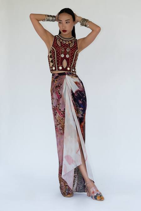 Shop_Amka_Pink Silk Beads, Mirrors Round Neck Rose Designer Blouse _Online_at_Aza_Fashions